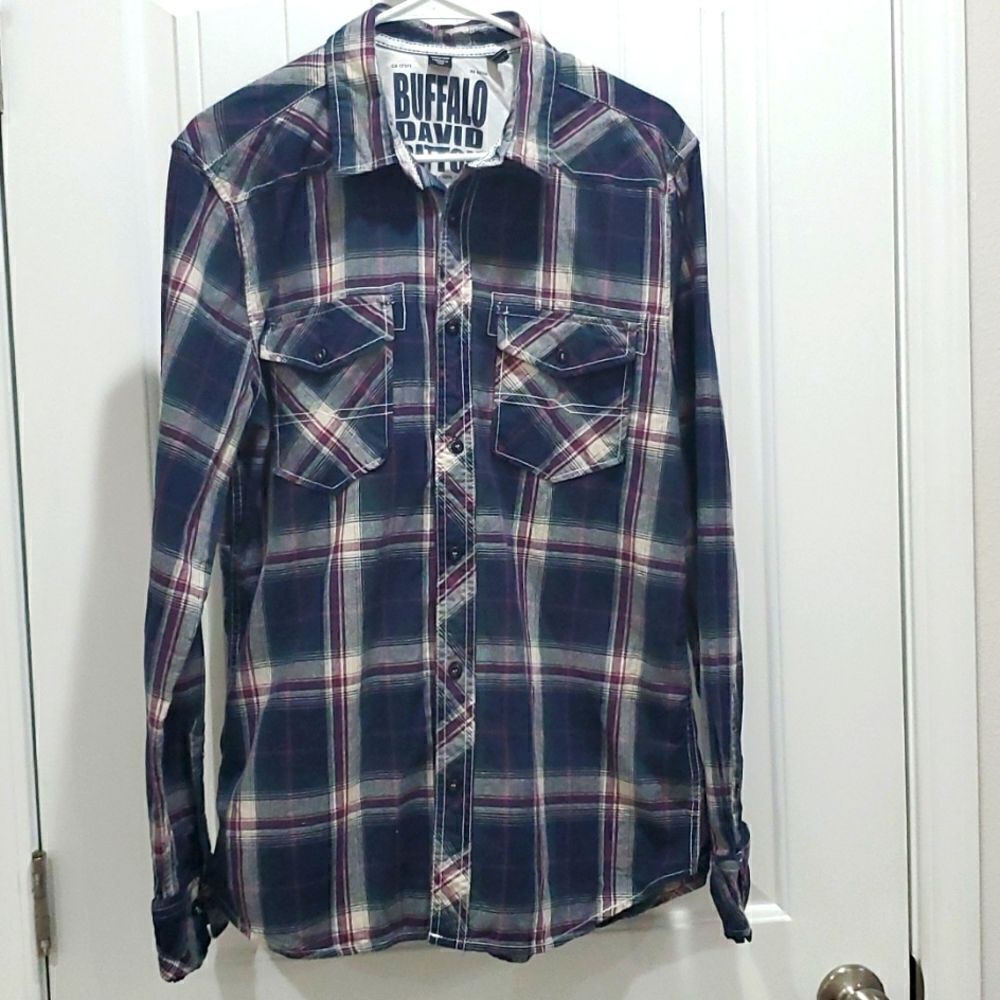 Buffalo,David Bitton Affliction Black Plaid Buckle Long Sleeve Shirt.  Medium